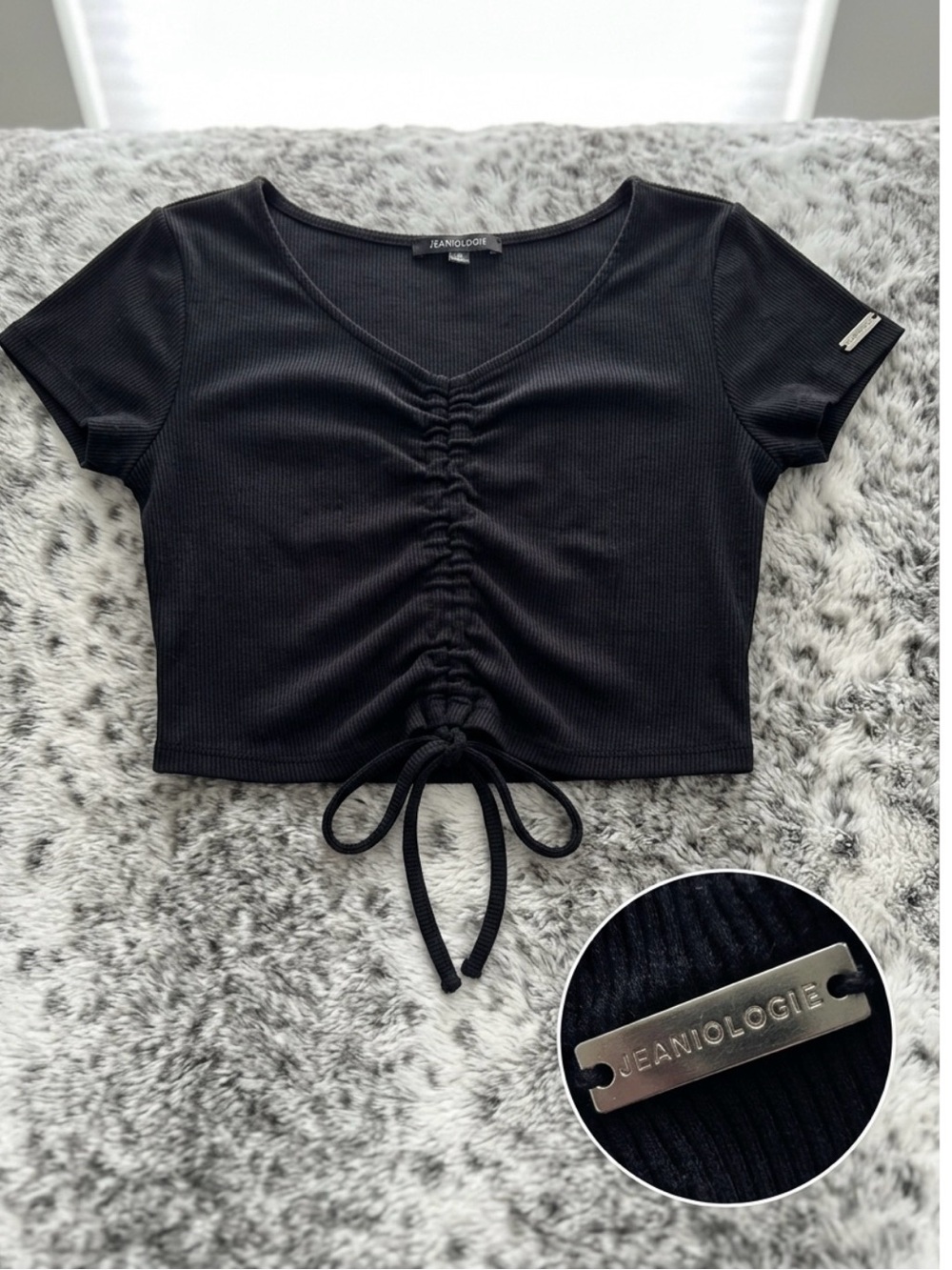 Jeaniologie Black Ribbed Ruched Crop Top S